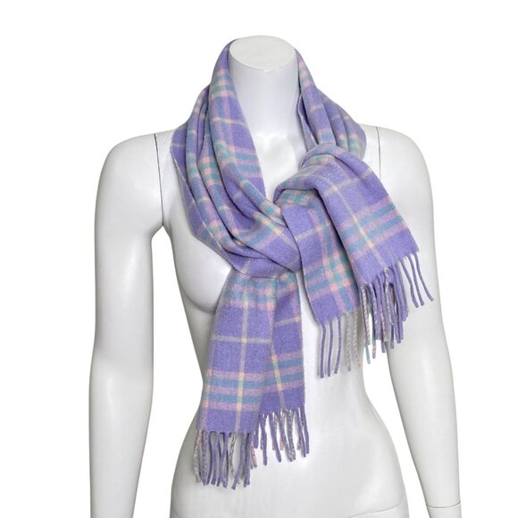 Burberry London Scarf Purple Plaid 100% Cashmere Fringe Made in England Vintage - Picture 1 of 5